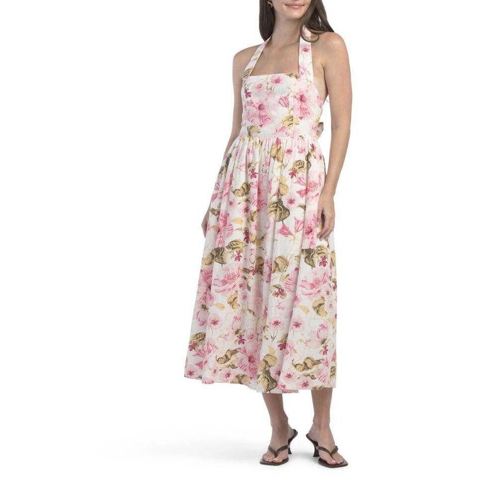Joie Pink Floral HalterMidi Dress Linen BlendSize M Medium SummerSun Sundress